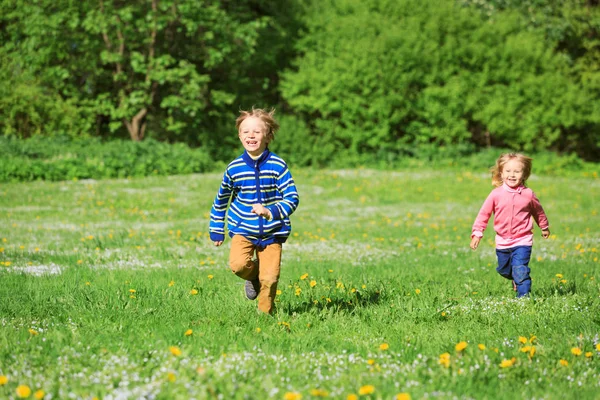 Glücklicher kleiner Junge und Mädchen beim Laufen in der sommerlichen Natur — Stockfoto