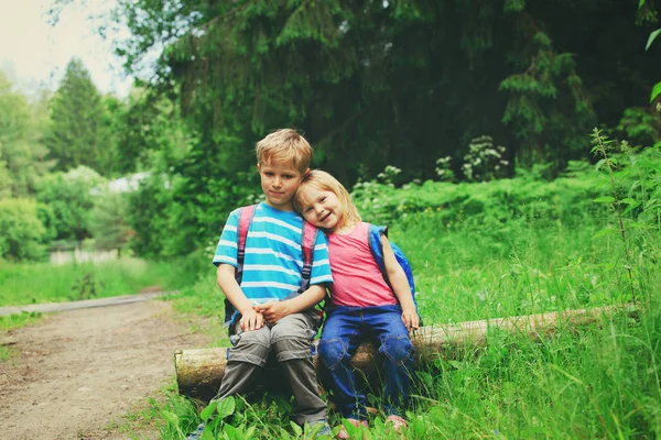 Gadis kecil dan anak laki-laki pergi hiking di alam — Stok Foto