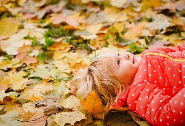 Klein meisje in herfst herfst bladeren — Stockfoto