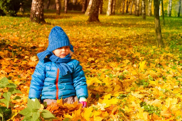 Gadis kecil yang lucu bermain di daun musim gugur — Stok Foto