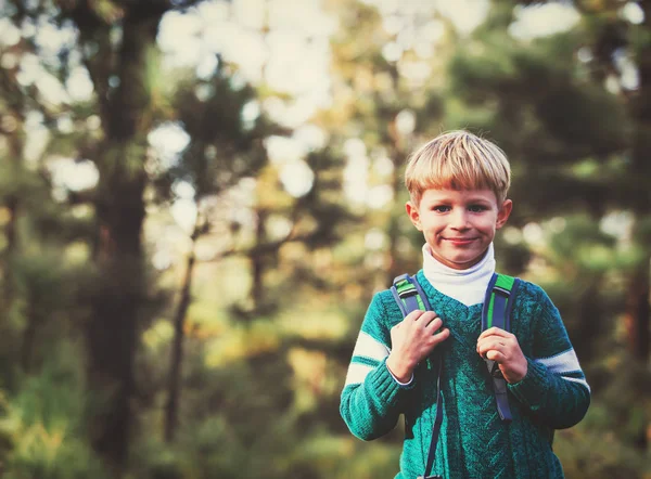 Liten pojke med ryggsäck res i gröna skogen — Stockfoto