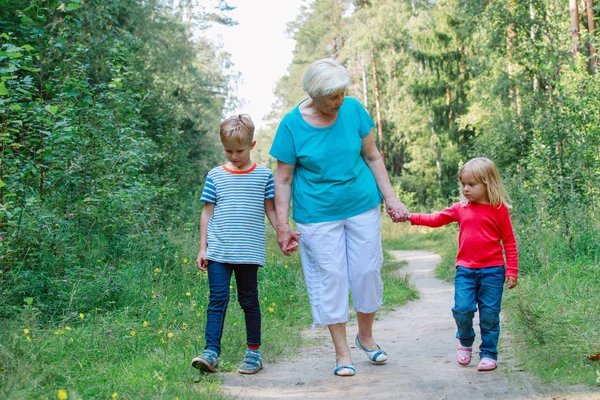 Щаслива старша бабуся з дітьми гуляє в природі — стокове фото
