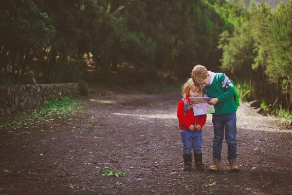 Kleine jongen en meisje reizen wandelen in de natuur op zoek op kaart — Stockfoto