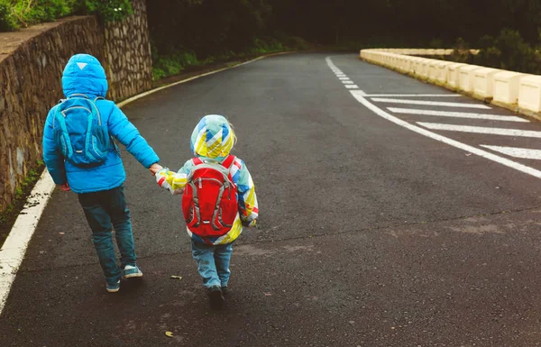 Τα παιδιά πάνε στο σχολείο - αδελφός και αδελφή περπατήσετε στο δρόμο — Φωτογραφία Αρχείου
