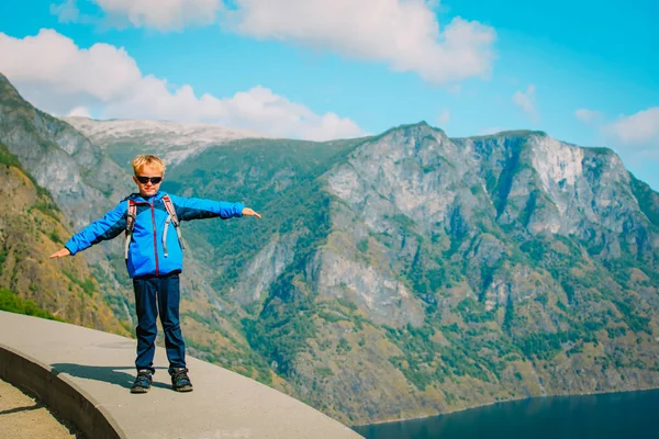 Glücklicher kleiner Junge reist in die Berge, wandert in der Natur — Stockfoto