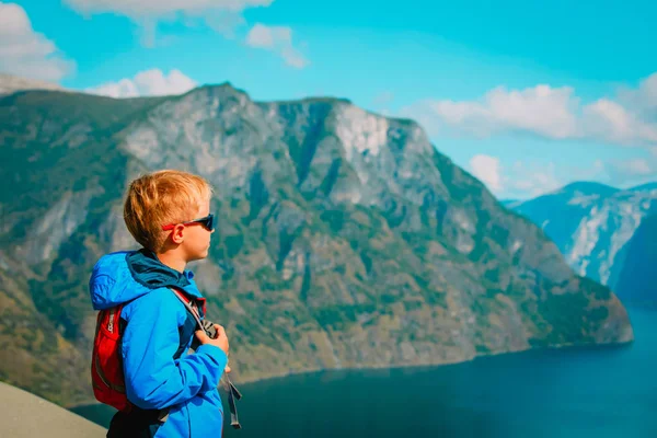 Liten pojke resor i bergen, tittar på naturen — Stockfoto