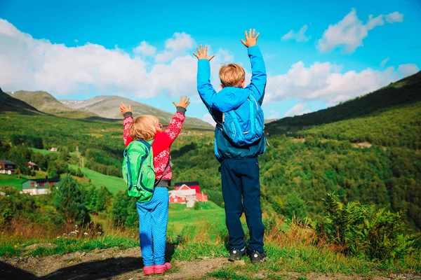 Heureux petit garçon et fille Voyage dans la nature, famille en Norvège — Photo