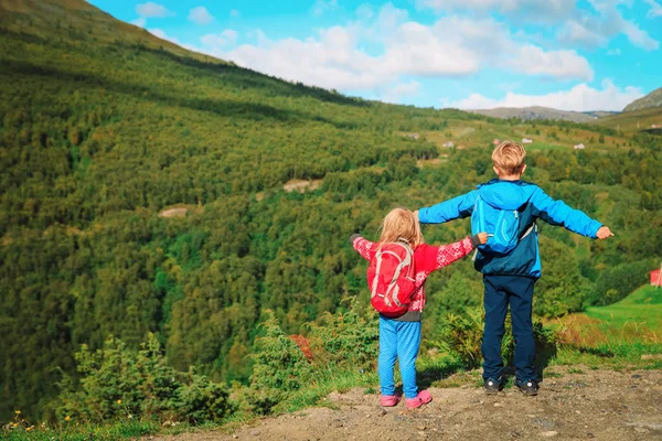 Glad liten pojke och en flicka res i naturen — Stockfoto