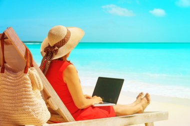 uzak iş kavramı-laptop sahilde olan kadın