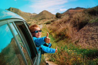 mutlu küçük çocuk zevk doğada arabayla seyahat