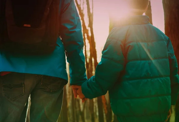 Padre e figlio che si tengono per mano nella natura del tramonto — Foto Stock