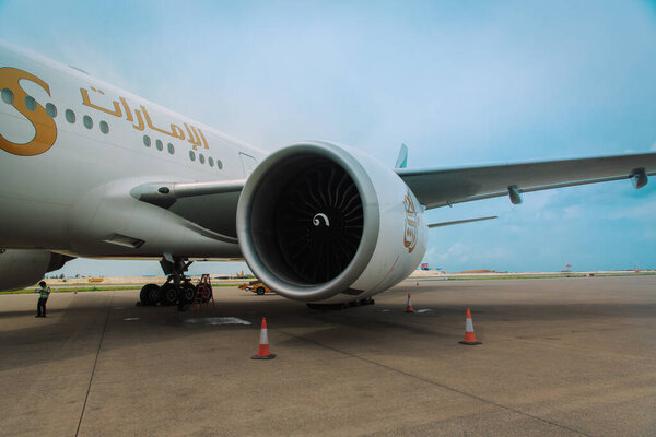 Male, Maldives - July 30, 2017: Engine of Boeing 777 of Emirates Airlines at Velana International Airport in Male, Maldives.