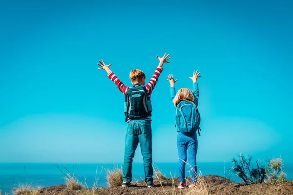 Glückliche Jungen und Mädchen genießen Reisen in den Bergen am Meer — Stockfoto