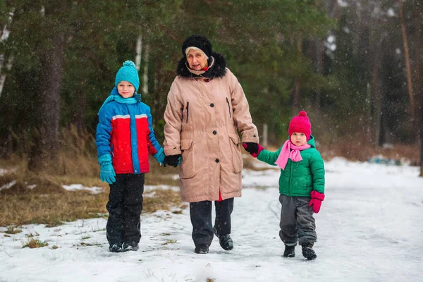 Grandmother with kids walk in nature, family enjoy winter snow — Stock Photo, Image