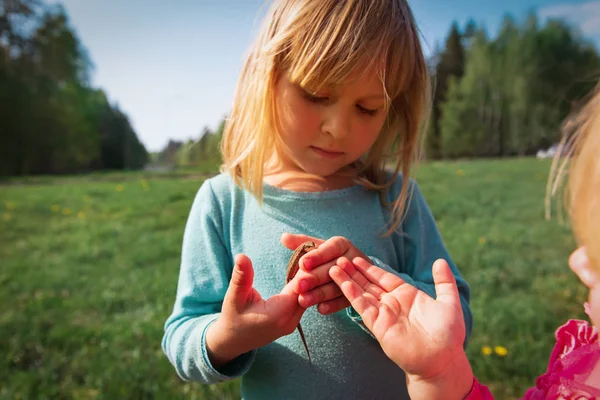 Pelajaran anak-anak - anak yang memegang dan menjelajahi kadal — Stok Foto