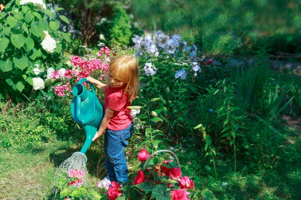 Gadis manis menyiram bunga di taman, sedikit penolong — Stok Foto