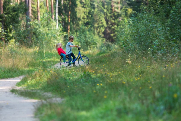 Niño y niña en bicicleta en la naturaleza, estilo de vida activo — Foto de Stock