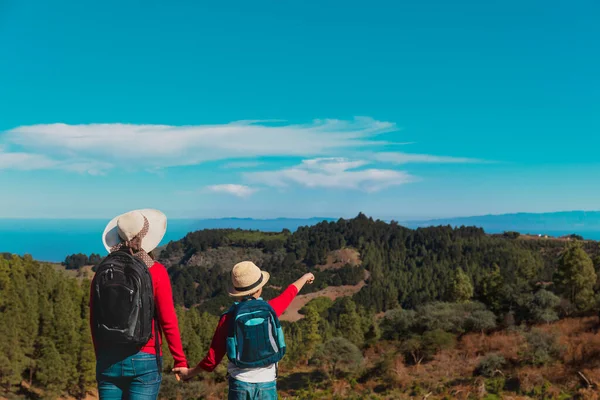 Mother and son travel in nature, family looking at scenic landscape — Stockfoto