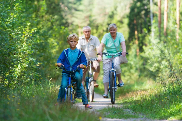 Pareja mayor activa con niños montando bicicletas en la naturaleza — Foto de Stock