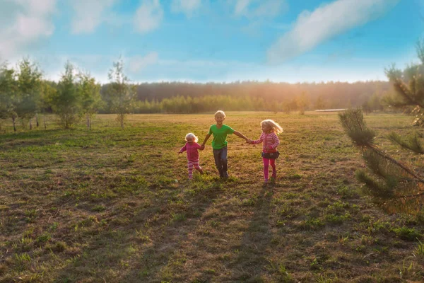 Щасливі діти хлопчик і дівчатка грають на природі заходу сонця — стокове фото