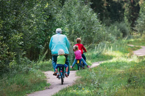 Активный старшеклассник с внуками на велосипедах на природе — стоковое фото