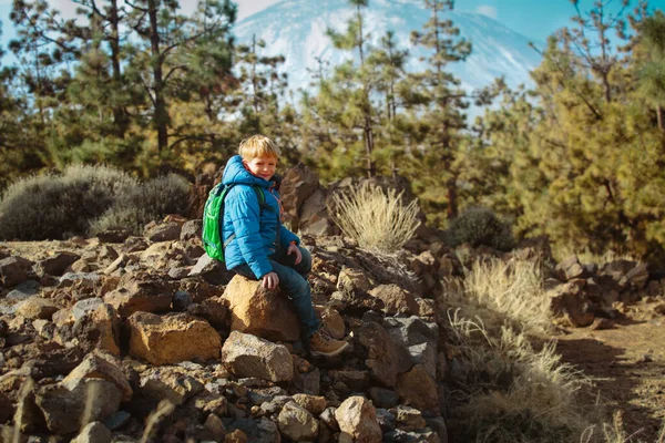 Lycklig pojke vandring i berg, familjeresor — Stockfoto