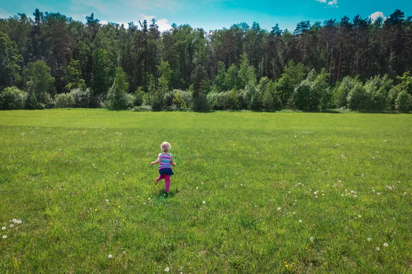 어린 소녀가 뛰고 노는 여름의 자연 속에서, — 스톡 사진