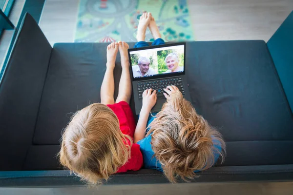 Kleine Jungen und Mädchen sprechen mit den Großeltern per Telefonkonferenz, soziale Distanzierung während der Covidierung — Stockfoto