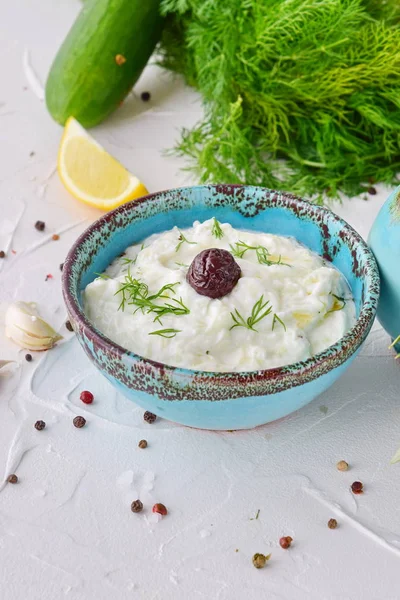 Sauce traditionnelle grecque maison tzatziki avec concombre, ail, yaourt, huile d'olive et citron dans un bol de couleur traditionnelle sur fond blanc. Concept de saine alimentation. Style de vie méditerranéen . — Photo