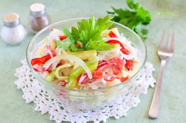 Tavuk fileto, kırmızı biber, peynir, yumurta, soğan, yoğurt ile servis Tavuk salatası. Sağlıklı beslenme kavramı. Basit pişirme.