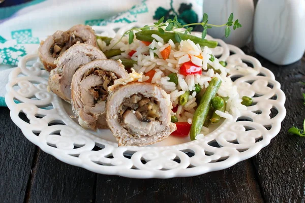 Pork meat rolls stuffed with mushrooms and cheese — Stock Photo, Image