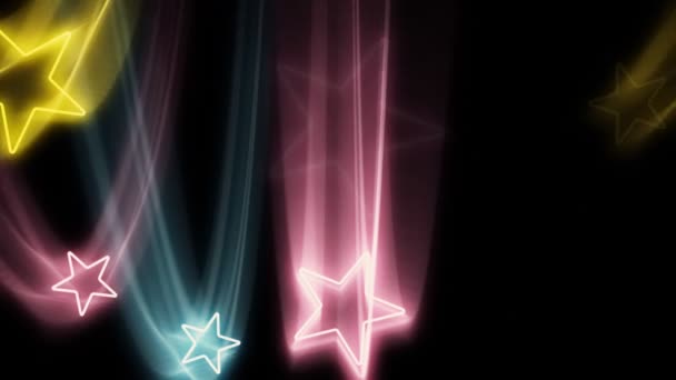 Leuchtende Neonsterne fliegen in Schleife ein und aus — Stockvideo