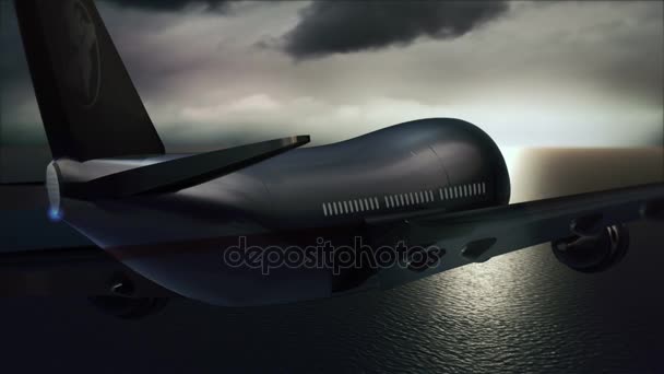 Passagiersvliegtuigen vliegende tegen de zonsondergang — Stockvideo