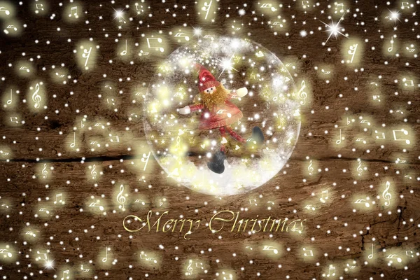 Weihnachtsmann-Elfe im gläsernen Schneeball, Weihnachtskarte — Stockfoto
