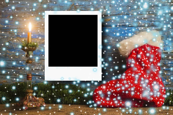 Biglietto di auguri natalizio cornice Santa calza — Foto Stock