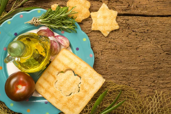 Olijfolie, tomatoe en brood — Stockfoto