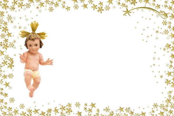 Tarjeta en blanco de felicitación de Navidad, figurita vintage Baby Jesus — Foto de Stock