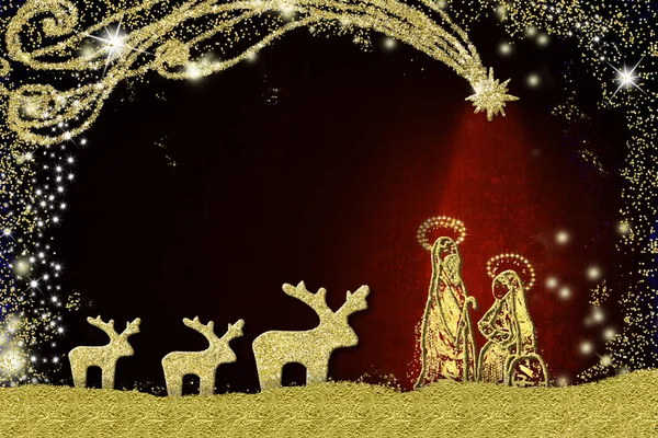 Nativity Scene and reindeer Christmas card. — Stock Photo, Image