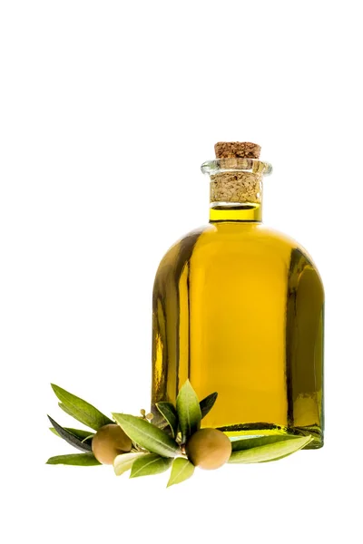 Extra virgin olive oil, glass bottle, isolated. — Stock Photo, Image