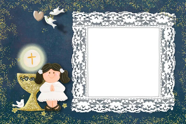布朗女孩第一圣餐卡 空旷的画框 有宗教符号的愉快的背景 空白的空间 — 图库照片