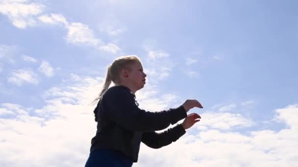 Attractive Young Scandinavian Caucasian Woman Jumping Exercise Camera Looking Her — Stock Video