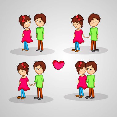 Sevimli kız ve erkek birbirlerini tutan çizimi