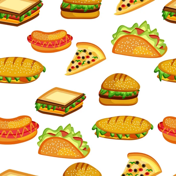 Иллюстрация Элементов Быстрого Питания Сэндвич Пицца Гамбургер Бесшовный Узор — стоковый вектор