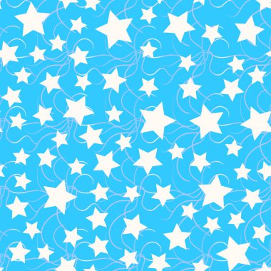 Mavi arka planda, cam üzerinde donmuş kış desenleri donuk, donuk, dikişsiz bir doku beyaz yıldızlar ve çizgiler şenlikli ambalajlar.