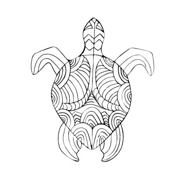 Boyama sayfaları için kaplumbağa zentangası. Yetişkinler elleriyle siyah ve beyaz polinezya okyanuslarını boyadı.