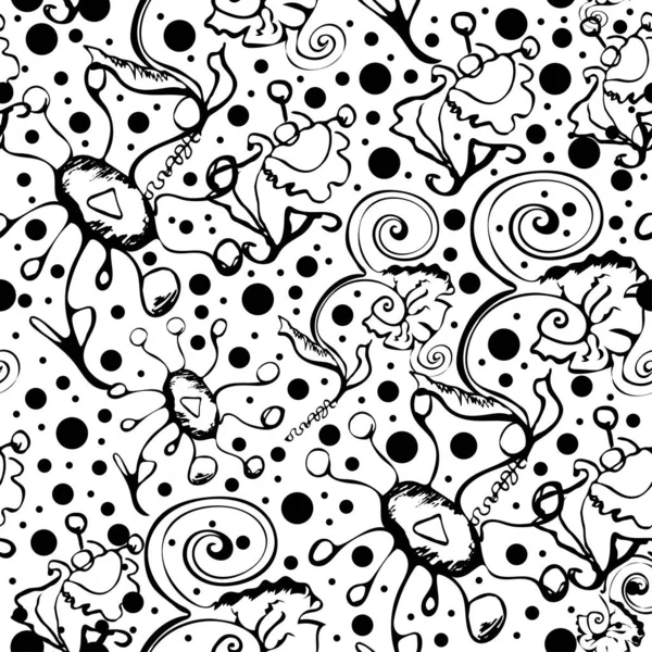 Monochrome Oriental Cute Elegant Flowers Seamless Pattern Black White Background — Stock Vector