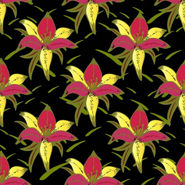 Flores de vainilla amarillas patrón sin costuras sobre un fondo negro — Vector de stock