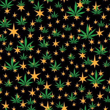 Esrarın pürüzsüz desenli yeşil marihuana yaprakları sarı yıldızlı siyah zemin üzerinde kaotik kalın kenevir bitki vektör çizimi hatıra ürünleri ve kumaş üzerine baskı