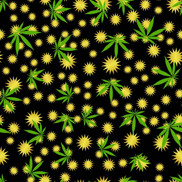 Cannabis Seamless Pattern Green Marijuana Leaves Black Background Yellow Stars — 스톡 벡터