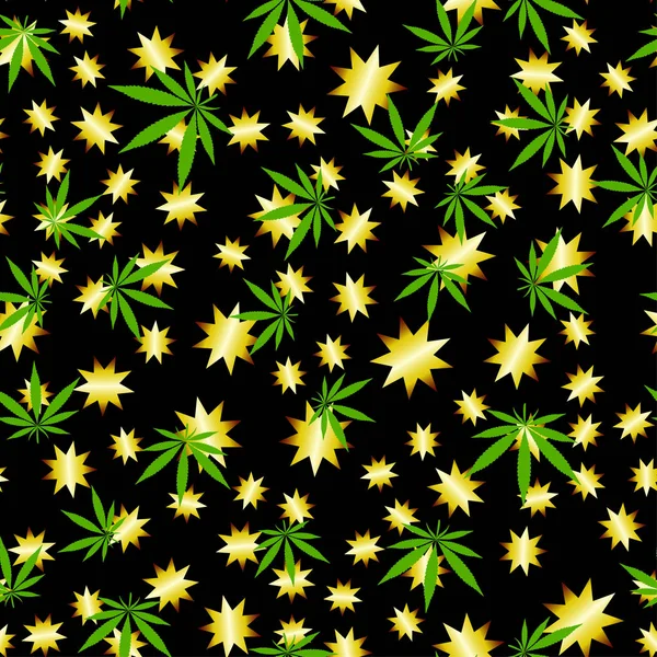 Cannabis Seamless Pattern Green Marijuana Leaves Black Background Yellow Stars — 스톡 벡터